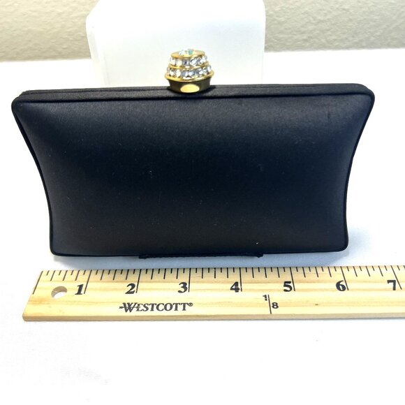 Rhinestone Clasp Classic Preppy Black Satin Clutch Purse Gold X Body Chain Strap - Picture 3 of 12